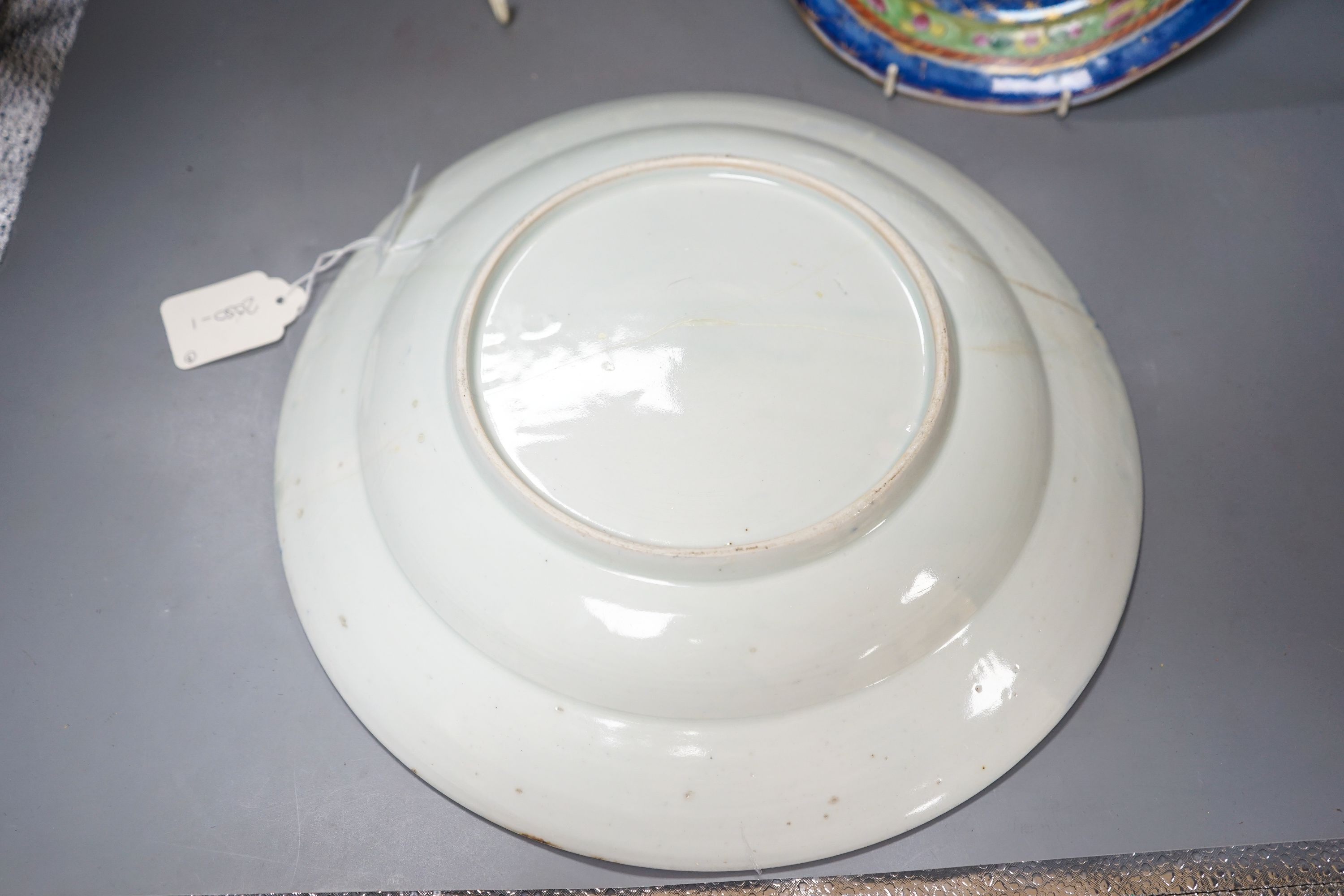 A Japanese blue and white dish, a Chinese blue and white meiping and a clobbered plate 33cm